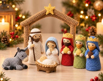 Vintage Ceramic Children's Nativity Set - 11 Piece Complete Set in