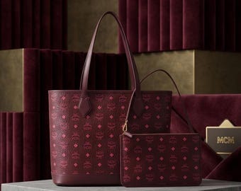 MCM Burgundy Visetos Tote Bag with Matching Pouch – Monogram Leather Shoulder Handbag | Luxury Designer