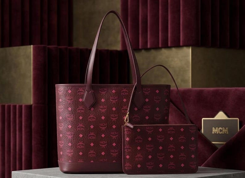 May include: Burgundy tote bag and matching clutch with a repeating pink logo pattern. The tote has long handles, and the clutch has a gold zip. The bags are displayed on a grey surface against a burgundy backdrop.