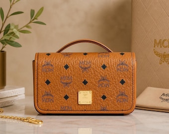 MCM Leather Crossbody Bag – Cognac Monogram Mini Shoulder Purse | Luxury Unisex Designer Travel Bag