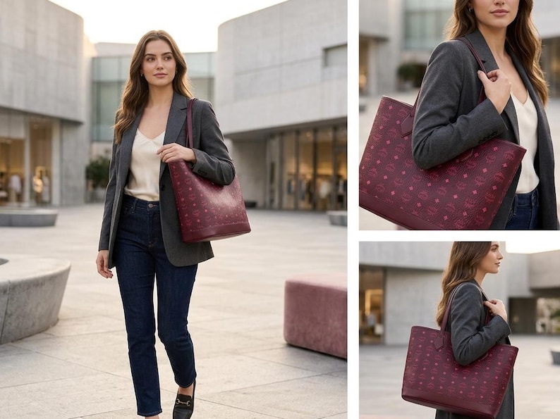 May include: A burgundy tote bag with a repeating pattern is carried by a person wearing a grey blazer, white top, and dark blue jeans. The bag has a rectangular shape with two handles. The background shows a modern building.