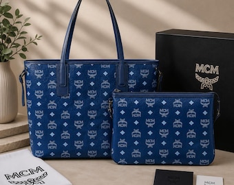 Authentic MCM Blue Visetos Tote Bag with Matching Pouch – Luxury Monogram Leather Shoulder Handbag