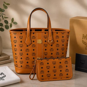 Authentieke MCM cognac Visetos-draagtas met bijpassend zakje – luxe leren schoudertas met monogram