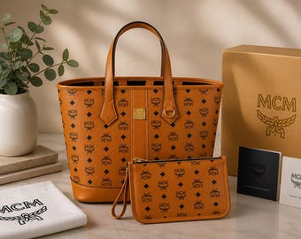 Authentic MCM Cognac Visetos Tote Bag with Matching Pouch – Luxury Monogram Leather Shoulder Bag