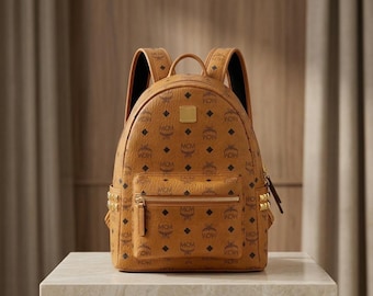 MCM Cognac Visetos Backpack – Monogram Leather Designer Travel Bag | Luxury Unisex Everyday Rucksack