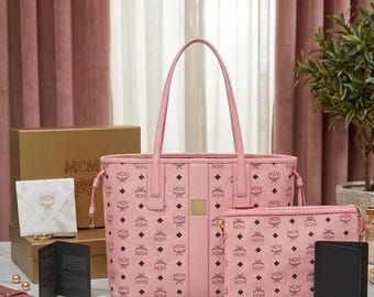 MCM Pink Visetos Monogram Tote Bag Set with Pouch – Luxury Leather Shoulder Handbag | Designer