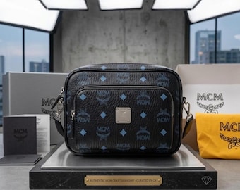 MCM Small Aren Crossbody Bag – Black Leather Shoulder Purse, Cognac MCM Logo