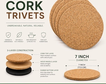 Salvamanteles de corcho de 18 cm (7 pulgadas), juego de 4, resistentes al calor, irrompibles, de 3 capas de corcho, madera y caucho, antideslizantes para la mesa de la cocina.