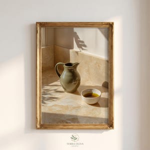 Beige Stoneware Pitcher with Olive Oil Still Life, Rustic Kitchen Art (Digital Download)