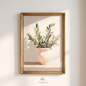 Olijftakstilleven in stenen urn, neutrale botanische muurkunst (digitale download)
