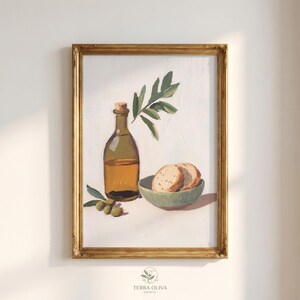 Rustic Kitchen Still Life Art: Amber Bottle & Sage Ceramic Bowl (Digital Download)