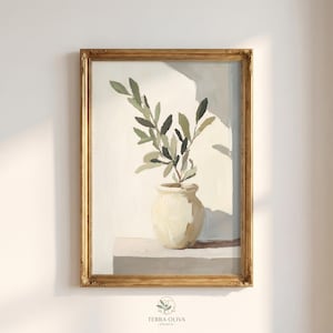Olive Branch Still Life Painting, Rustic Botanical Minimalist Wall Art (Digital Download)