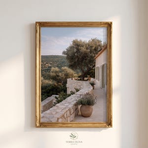 May include: A framed wall art print featuring a landscape scene of a stone terrace with a potted plant, a large tree, and a building exterior. The frame is gold with a textured finish. The print displays a Mediterranean-style outdoor setting.