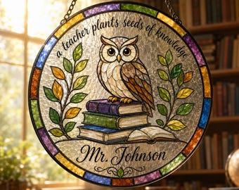 Personalized Teacher Owl Stained Glass Suncatcher, Wise Owl on Books Window Hanging, Thank You Gift Teacher Stained Glass Suncatcher