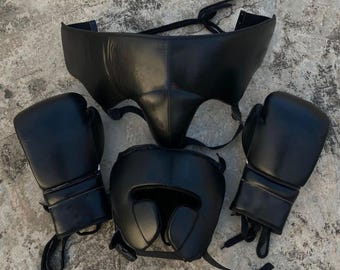 Profesjonalny zestaw bokserski do sparingów ze skóry PU: kask, rękawice, ochraniacz krocza