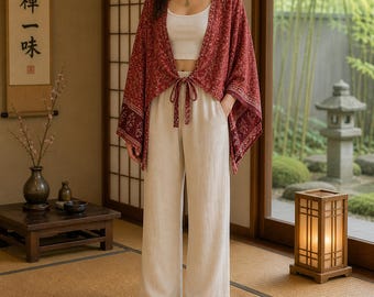 Boho Floral Crop Kimono Top Red or Brown – Tie Front Beach Cover Up