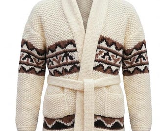 Maglione Starsky Hutch, cardigan a maglia grossa, stile vintage anni '70, stile Cowichan, fatto a mano in lana.