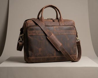 Full Grain Leather Briefcase, Vintage Laptop Messenger Bag, Rustic Satchel Travel Work Bag