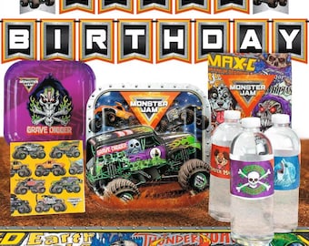 66 Piece Monster Truck Party Tableware and Decorating Kit, Disposable Plates, Cups, Napkins and Party Decorations