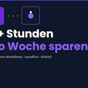 Puede incluir: Gráfico azul oscuro con texto blanco y morado. El texto dice "10+ Stunden pro Woche sparen". Dos cuadrados morados con puntos blancos en la parte superior. El texto adicional incluye "5 Make.com Workflows • Lexoffice • DSGVO" y "flookly".