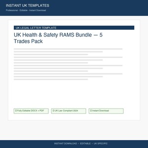 Peut inclure: Un document blanc avec le texte "UK Health & Safety RAMS Bundle - 5 Trades Pack". Le document comprend les phrases "Entièrement modifiable DOCX + PDF", "Conforme à la loi britannique 2024" et "Téléchargement instantané".