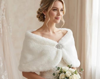 Bridal Faux Fur Shawl, Winter Wedding Wrap for Bride, Soft Wedding Capelet with Rhinestone Brooch, Elegant Bridal Cover Up