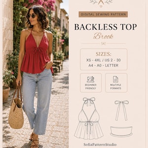 May include: A digital sewing pattern for a backless top named "Brook." The image shows a woman wearing a red backless top and light blue jeans. The pattern is beginner-friendly and available in multiple formats, with sizes ranging from XS to 4XL.
