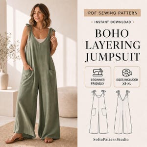 Boho Wide Leg Jumpsuit Pattern PDF, Easy Sew No Zipper Linen Overalls, Summer Romper