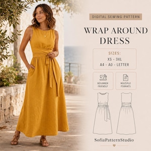 May include: A digital sewing pattern for a sleeveless mustard yellow wrap around dress with a tie waist and full skirt. The text includes "DIGITAL SEWING PATTERN", "WRAP AROUND DRESS", "SIZES: XS - 3XL", "A4 - A0 - LETTER", and "SofiaPatternStudio".