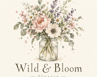 May include: A watercolor illustration of a clear glass mason jar filled with a bouquet of pink peonies, white anemones, lavender, and small daisies. Below the jar, the text reads Wild & Bloom and the word florist in a serif font.