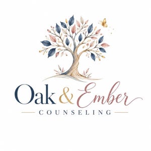 May include: A logo featuring a stylised tree with watercolour-style leaves in shades of navy blue, soft pink, and tan. A small gold butterfly is near the top right. Below the tree, the text reads Oak & Ember COUNSELING in navy and pink.