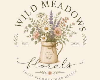 May include: A logo design featuring a cream-colored pitcher filled with a bouquet of wildflowers including daisies, lavender, and pink blossoms. The text reads WILD MEADOWS, EST. 2024, florals, GROWN WITH CARE, LOCAL BLOOMS, and WILD HEARTS in dark brown.