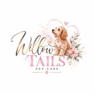 May include: A logo design featuring a light brown curly-haired dog wearing a pink collar with a heart tag. The text Willow TAILS PET CARE is displayed in gold and pink script and serif fonts, accented by pink watercolour flowers and hearts.