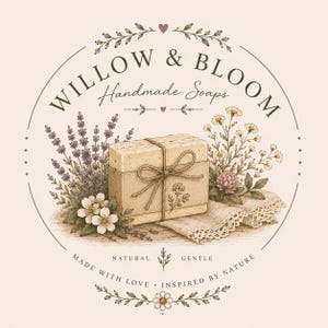 May include: A rectangular bar of soap wrapped in paper and tied with twine, centred within a circular logo. The text reads Willow & Bloom Handmade Soaps, Natural, Gentle, Made with Love, Inspired by Nature, surrounded by lavender and floral illustrations.