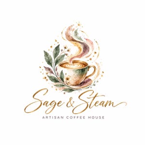 May include: A watercolor illustration of a coffee cup with latte art, surrounded by green leaves and small flowers, with swirling steam rising above. Below the cup, the text reads Sage & Steam in gold script and ARTISAN COFFEE HOUSE in black.