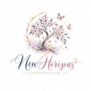 May include: A logo design featuring a stylised tree with watercolour-style leaves in shades of pink, purple, and blue, enclosed in a gold crescent. Two butterflies fly near the tree. The text reads New Horizons COUNSELLING in script and serif.