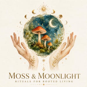 May include: A watercolor illustration featuring two hands cradling a circular scene of three mushrooms in a mossy forest under a crescent moon and starry sky, with gold celestial symbols above and the text MOSS & MOONLIGHT RITUALS FOR ROOTED LIVING.