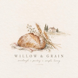 May include: A watercolour illustration of a round loaf of bread on a cloth, accompanied by wheat stalks and a small house in the background. The text reads WILLOW & GRAIN, sourdough • pantry • simple living, in dark brown serif and script fonts.