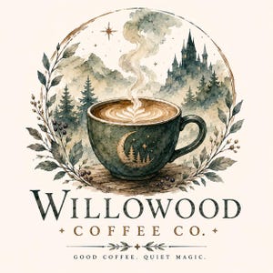 May include: A dark green coffee mug with a gold crescent moon and pine tree graphic, filled with latte art. The mug is framed by a watercolour illustration of a castle, mountains, and forest. Text reads: WILLOWOOD COFFEE CO. GOOD COFFEE. QUIET MAGIC.