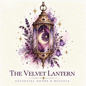May include: A decorative metal lantern featuring a crescent moon and starry night sky interior, surrounded by watercolor lavender and purple bell flowers. The text reads The Velvet Lantern Celestial Goods & Rituals.