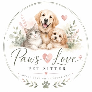 以下が含まれることがあります： ゴールデンレトリバー、グレーのトラ猫、ふわふわの子犬の水彩画イラストが描かれた円形のロゴ。テキストには「Paws & Love PET SITTER LOVING CARE WHILE YOU'RE AWAY」とあり、ピンクのハート、緑の葉、足跡が添えられています。