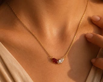 Mother Daughter Birthstone Necklace, Double Heart Birthstones Necklace, Personalized Gift for daughter, Graduation Gift, Summer Gift TAK05