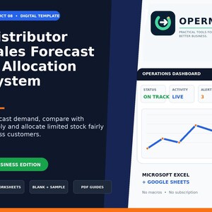 Puede incluir: Una plantilla digital para un sistema de previsión de ventas y asignación de distribuidores de Opermint. El gráfico muestra un panel de operaciones con un gráfico de líneas, indicadores de estado y compatibilidad con Microsoft Excel y Google Sheets.