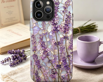 Lavender Floral Stained Glass Effect Phone Case, Glossy Tough Cover (MagSafe Option)