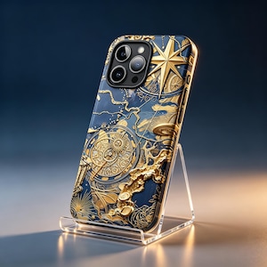 May include: A smartphone case featuring a deep blue background with intricate gold embossed designs, including a prominent compass rose, celestial navigation elements, and swirling patterns that wrap around the camera lens cutout.