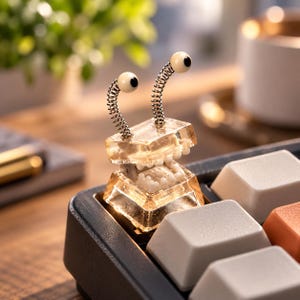 以下が含まれることがあります： 半透明の琥珀色のメカニカルキーボード用キーキャップ。白い歯が見える大きな口を持つ生き物の形をしており、上部には黒い瞳を持つ小さな白い球体が付いた2本の長い金属製のバネが伸びています。