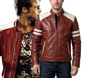 Tyler Durden Red Leather Jacket, Fight Club Style Biker Coat for Men