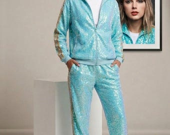 Taylor Swift Inspired Opalite Glitter Tracksuit | Aqua Sparkle Two Piece Set | Pop Star Inspired Concert & Festival Outfit
