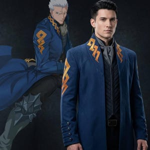 May include: A navy blue coat with gold embroidery on the shoulders and sleeves. The coat has a high collar and a row of buttons on the sleeves. A person is wearing the coat. An animated character wearing a similar coat is in the background.