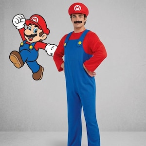 May include: A red long-sleeved shirt and blue overalls costume set featuring a red cap with a white M emblem and a black mustache accessory. The outfit includes yellow buttons on the overall straps and matches the character graphic shown.